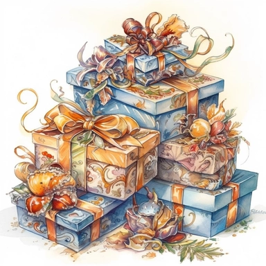 insanely beautiful pile of 3 gift packages , in the style of beatrice potter, jody bergsmay32k uhd, hand-painted details, pastoral illustrations, amazing colour combinations , aquarellist, hd , white background clipart ,-- no watermark--ar 27:37