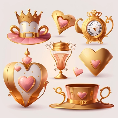 collection of hat , teapot,book, teacup, hearts cards, big crazy hat, gold melting clock , hourglass, queen of hearts , hearts paying cards vector clipart gold and light pink on white background