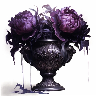 gothic dark peonies in metallic vase, painting, dark fantasy, clipart, digital art techniques, hyper-realistic oil, eerie compositions, white background