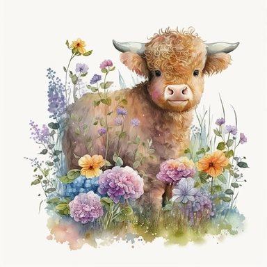 A captivating watercolor clipart: a lively highland calf dressed in adorable clothes, exploring a garden of blooming flowers. Playful and charming. HD quality. Resolution: