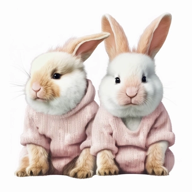 Fluffy rabbits with white fur and pink noses hopping on a pink onesie clipart white background