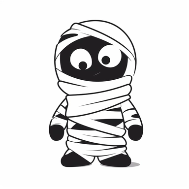 black and white silhouette of a halloween cartoon mummy, clipart style, white background, thick lines, vector, simple design, flat colour, solid colour