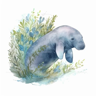 hand drawn Florida manatee, in crystal blue water, underwater with plants, very detailed and realistic, watercolor, white background with margins, clipart style