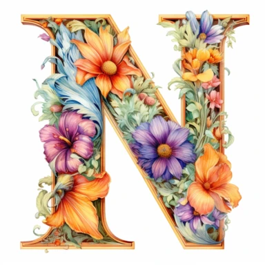 Beautiful Pastel Vintage Flower Alphabet Letter  N  Watercolor Clipart,Cartoon, hyper realistic, intricate detail, illustration style,high solution,on the white background