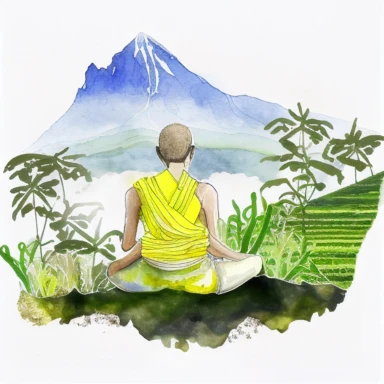 Yoga retreat on Bali, meditating MAN, green rice terrasses, mountains, watercolor, clipart, white background, BLUE & YELLOW TONES
