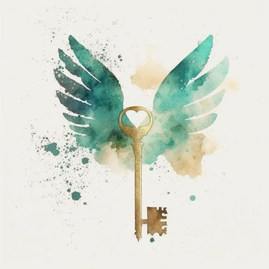 Watercolor magic Key with wings clipart, beautiful watercolor ink wash coloring, thick pencil lines, Jon klassen, Adrian tomine, popular on etsy, watercolor illustrations clipart, watercolor illlustration book illustrations, plain white background