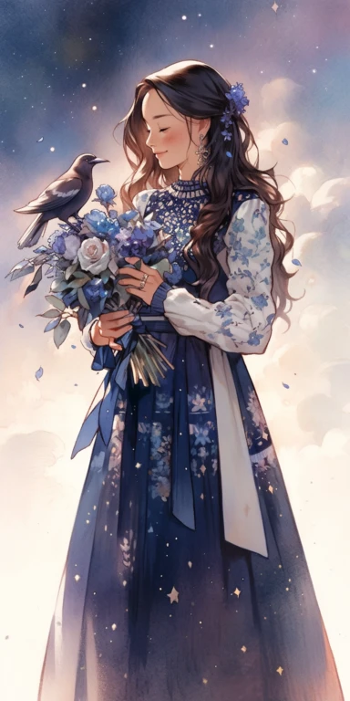 Watercolor beautiful feathers and flowers, stars and universe, beautiful girl, with smile, Full body, face side, fantasy illustration, perfect face, with beautiful face and with stars, beautiful brown hair, beautiful face, love, vintage long dress, vivid vibrant colors, intricate detail, hyper detailed, hyper quality, 32K, unreal engine, isolated on white background, kawaii, clipart, fantasy art
