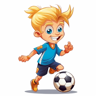 a 9 year old blonde in a ponytail boy as a soccer star, comic style clipart like paw patrol