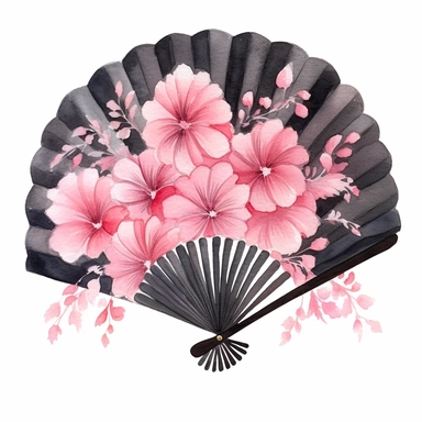 black and pink japanese fan, watercolor, clipart