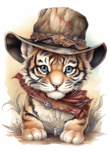 clipart,a cute little tiger in a field with a cowboy hat on its head and a bandana on its neck,in the style of jody bergsma, 32k uhd, hand-painted details, charming character illustrations, dark brown and light beige,red/green, aquarellist, hd , white background clipart