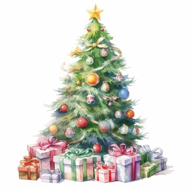lovely Christmas Tree: Clip art featuring decorated Christmas tree, either in traditional green or with various colorful ornaments, gift boxes, and lights, is commonly used to represent the spirit of Christmas. watercolor hand painting by Hayao Miyazaki ultra detail, 8k megapixel a careful touch white background for clipart