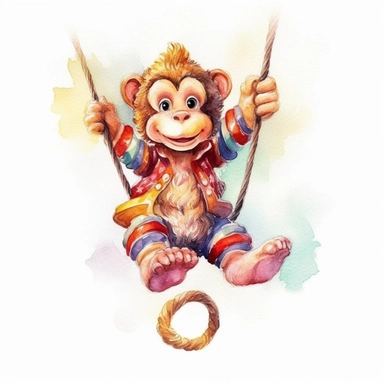 cute monkey in circus costume swinging on trapezes watercolor illustration, in the style of watercolor illustrations,funny, energetic,ben wooten style, sharp focus throughout, aquarellist, charming illustrations, illustration, painted illustrations, transparency and opacity,isolated white background, clipart most popular on etsy, book illustration, featured on dribble,print on demand image, PNG tranparent background,composition medium shot, no text