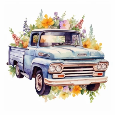 old vintage pickup car is standing on flowers, full flowers on the back, watercolor style, Sublimation Clipart,hyper realistic, intricate detail, illustration style,high solution,on the white background