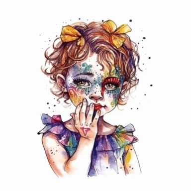 mardi gras, cute toddler girl wearring carnival mask, kaluta art style, pen and ink watercolor clipart,isolated on white background