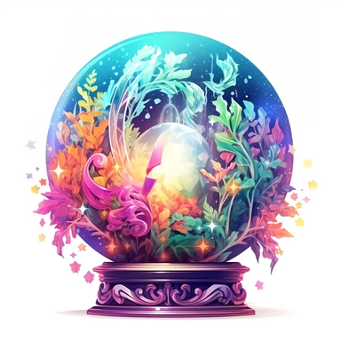 discopunk crystal ball, crystals and herbs, swirling color with tiny stars in the background, northern lights, isolated on white background, clipart, highly detailed