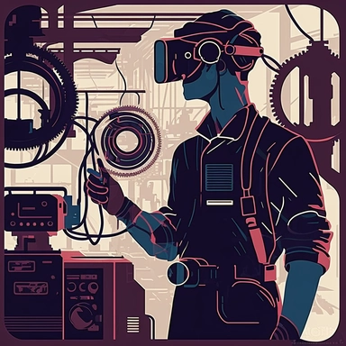 worker wearing vr headset, man, standing in an assembly plant, gauges, coding, vr developer, virtual reality, poster, simplistic, abstract, vector, 2d illustration, clipart, few colors