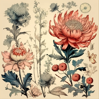 Clipart, vintage, stylized japanese old flowers, botanical illustration, hand drawn, texture