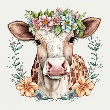 Cute Floral Cow wreath, hand draw Illustration clipart, by Betsey Johnson, 4K, extremely detailed, detail to every pixel