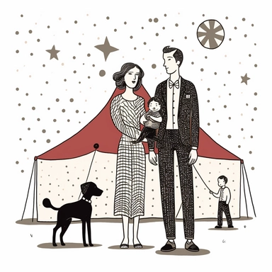woman holding baby. man to her side and dog at their feet. polka dot dress. No hats. Simple line drawing, no shading. Lines only. clipart. moon in background and also circus tents. simple lines, no shading, professional doodle.