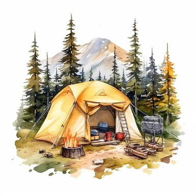 a captivating watercolor clipart image with a white background and white margins, featuring a backcountry campsite accessible only by hiking or backpacking, with a tent and stunning views. The ultra-detailed, hand-drawn elements capture the remote and serene beauty of backcountry camping. Use bold shades of various colors to create a visually appealing and adventurous image that conveys the spirit of exploration and connection with nature.