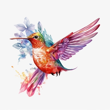 watercolor hummingbird, high details, intricate details and no color bleed, HD, 8k, solid white background clipart