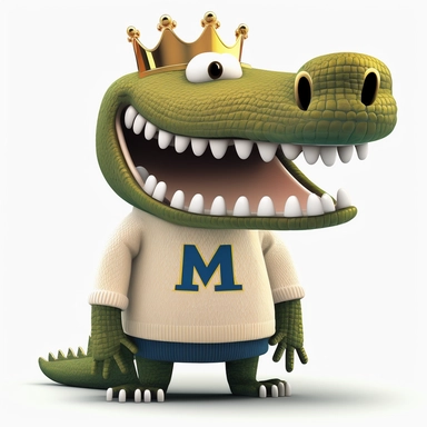 a fully standing smiling cartoon clipart alligator wearing a white turtle neck sweater with the letter M in the middle of the sweater-wearing a large gold crown on a white background