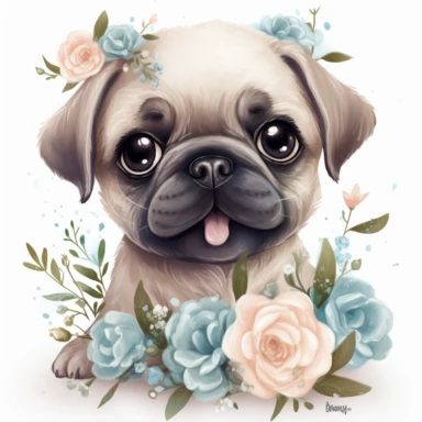 super cute newborn baby pug clipart with huge cute baby blue eyes extremely happy excited smiling mouth painted in watercolor style, splashes, muted pastel blush pink and muted pastel sage green and muted pastel sage blue eucalyptus and peony flowers, white background jasmine becket griffith style hyper-realistic photorealistic hd