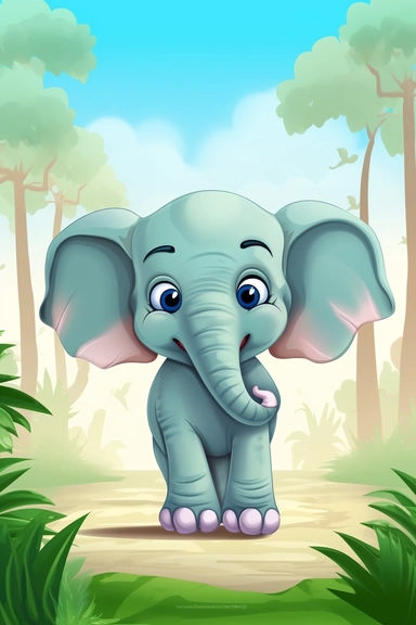 2D animation, illustration of happy exicited baby elephant clipart, simple colors jungle background
