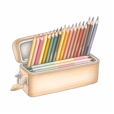 feminine watercolor line artwork clipart illustration of a school pencil case in neutral realistic colors, isolated on a white background, spaced out, 4k, hyper realistic
