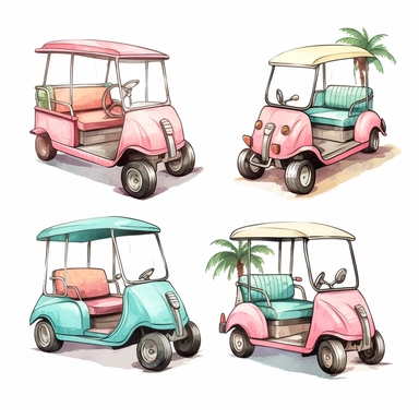 pastel, illustrated golf carts, clipart, isolated on white background, vintage surf style