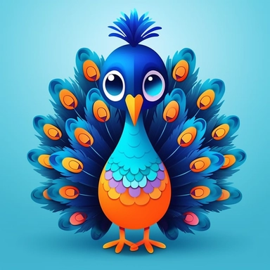 a simple vector illustration of a cute and funny peacock clipart in blue, indigo and orange colors, vector UHD, 8k