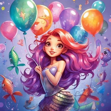 hd cartoon full mermaid poster for happy birthday, with balloons, lilac and pink colors, ultra hd, girly, funky colors, clipart sea shells, cartoon star fish, water colors waves, high quality, fine lines
