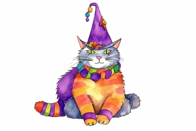 watercolor adorable cat in a fancy hat clipart, hd white background