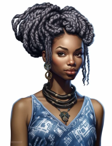 hasselblad 24 mm three quarters shot of a gorgeous african american woman with blue eyes, clipart, Composition: Relaxed position with intricate high hairstyle, smiling, detailed natural skin, Style: Nu-Goth, white background, hyperrealism, 32k