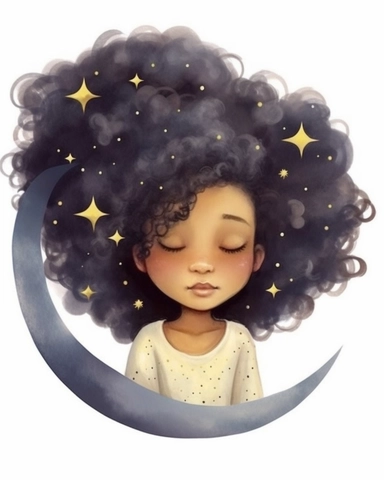 a portrait of a cute little afro girl with a luminous dress, eyes shut, mouth closed, long hair, wind, sky, clouds, the moon, moonlight, stars, universe, fireflies, butterflies, watercolor clipart,