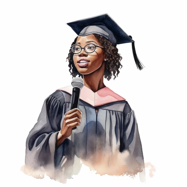 watercolor illustration of a college Graduation Speech, Black Female, Clip art, in the style of romantic illustration, Hand drawn, high detail, soft-focused realism