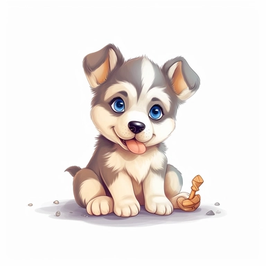 Alaskan Malamute, cartoon clipart, wathercolor of art adorably puppy on white background, simple and Adorable little puppy sitting on the ground with a bone in its mouth, big eyes and a friendly expression, cleaning