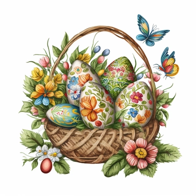 https:funny drawn sketch easter eggs with romanian traditional pattern in a a basket with flowers on white background, artistic painting, easter spring scene, add some spring leaves, add some flowers, add some rabbits and butterflies, spring vivid colors, watercolor, clipart, 2d, sketch style, no text, no logo