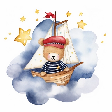 dreamy dark night sky clouds and a swarm of golden stars. a cute plushie sailor bear in a blue and white striped shirt and a sailor hat and a small red bowtie, in a wooden sailboat with a white sail, sailing on fluffy clouds, not sea. prominent visible brush strokes, watercolour texture, watercolor clipart png on white background