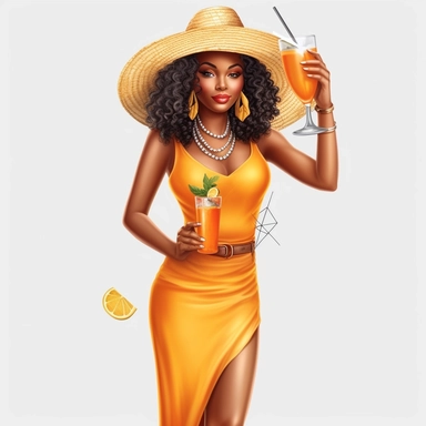 full body, pretty black girl, Sun Straw Hat Wide Brim Summer Hat Foldable Roll up Floppy Beach Hats, pretty, holding a cocktail drink, orange outfit, 4k, hd, clipart