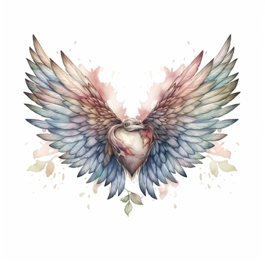 Unique vintage wedding heart with light toned wings clipart, in the watercolor style on a white background, by lisa audit