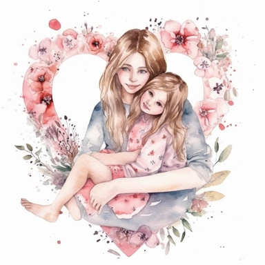 mother hugging her little daughter, watercolor clipart, hearts, floral, white background, png