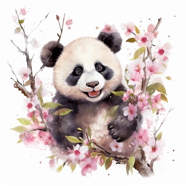 a cute happy laughing baby panda sitting proudly on a pink sakura branch, teacher, with a few spring blossoms and leaves framing the scene, vivid colors, watercolor by thomas w. shaller, clipart, white background, no watermark, 8k, super resolution, megapixel