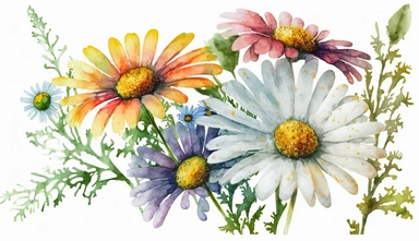 watercolor daisy flowers bouquet, isolated, white background, clipart, vibrant colors