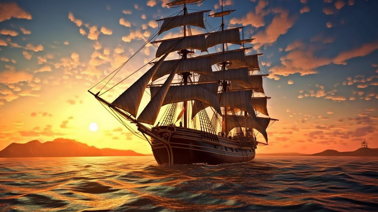 Subject of image: Tall clipper ship a drift on the ocean at sunset, on ...