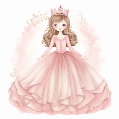 .''princess hellen full body watercolour clipart high quality'' smile face pink large dress