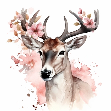 Deer portrait, pink magnolia flowers on a large antler, watercolor, clipart, illustration no background
