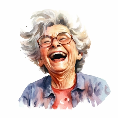 a heartwarming watercolor clipart image with a white background, featuring cute sweet extremely happy Granny laughing