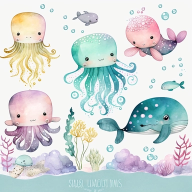 Undersea watercolor clipart, nursery decor, kawaii baby wall art, octopus, jellyfish, whale, cute ocean animals no text