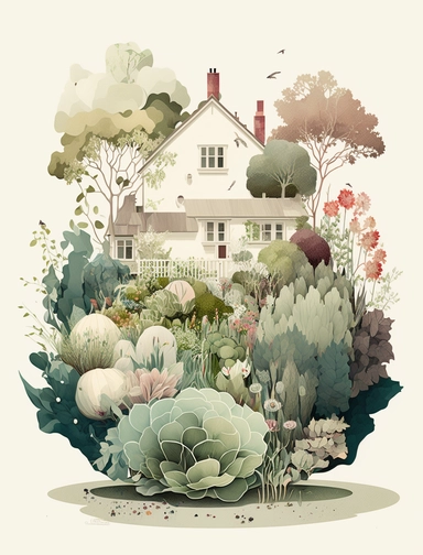 lovely suburban residential vegetable garden with flowers, in the style of Ryo Takemasa, xuan loc xuan, Lisa Audit, Anastasia Suvorova, Jon Klassen, greg tocchini, Depaysement, fantastic realism, tranquil and serene, anemoia, white background, vector, clipart, elaborate, ultra-detailed, best quality illustration, well composed, vibrant colors, high definition, UHD